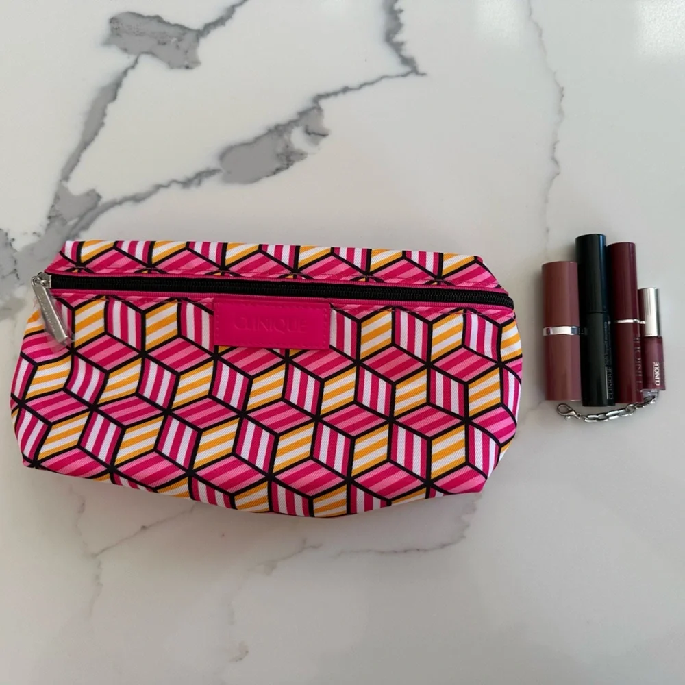 Clinique Pink Pattern Cosmetic Bag with Mascara and Lip Colors